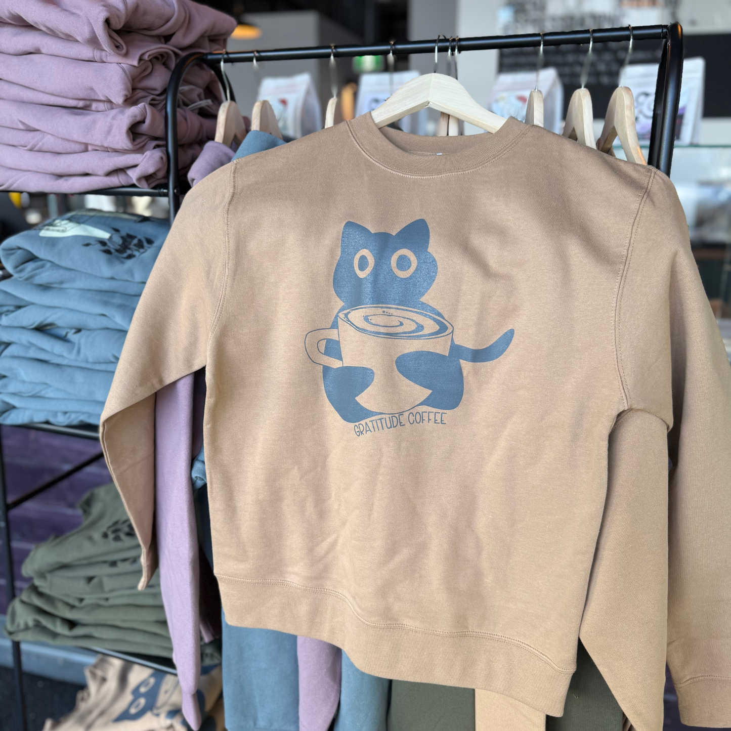 Sandstone Gratitude Cat Crewneck Sweater